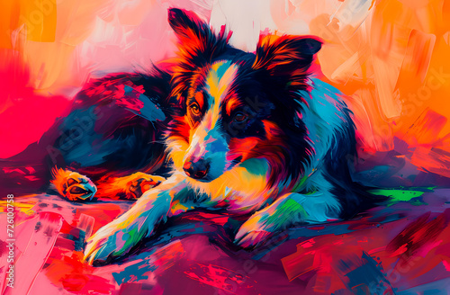 The dog lies on the bed on a bright background. Ai generated.