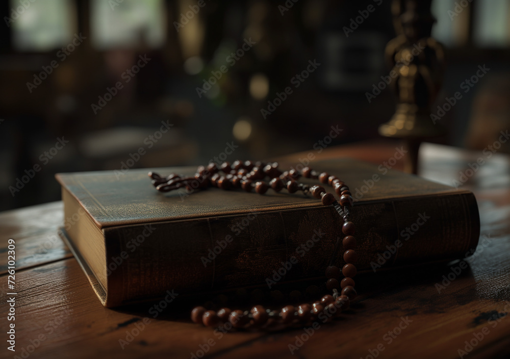The bible with wooden beads on top. The bible with wooden beads on top.