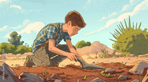 A young amateur paleontologist diligently works at a site carefully recording measurements and observations as they uncover a fossilized dinosaur bone.