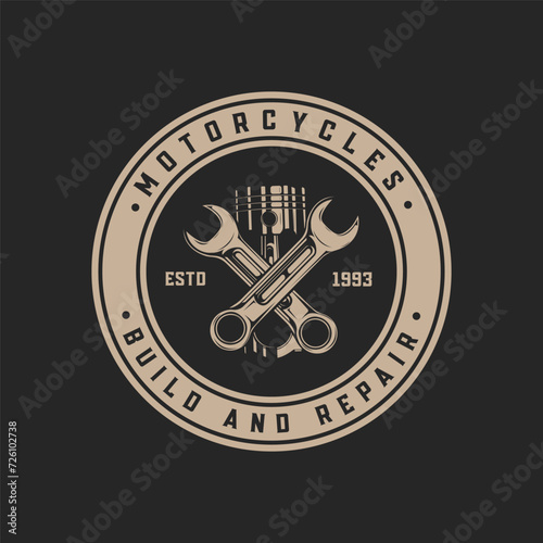 Automotive piston workshop service logo design Vintage emblem. motorcycle repair service engine tune up icon symbol illustration.Print