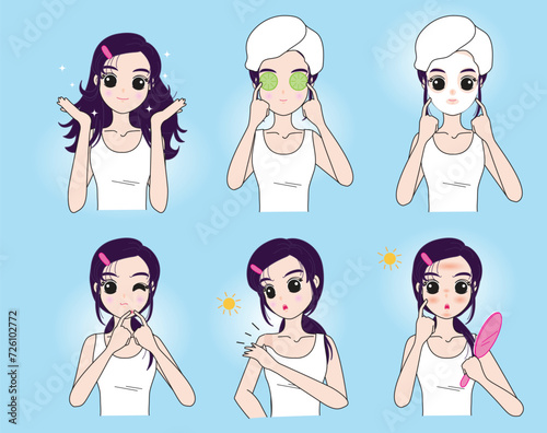 Vector cartoon character of a young girl with various expressions regarding facial skin care in various methods, cute style.