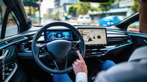 Interior shot from the driver perspective, showing a driver interacting with the high-tech hud hologram dashboard of an electric car © kittikunfoto