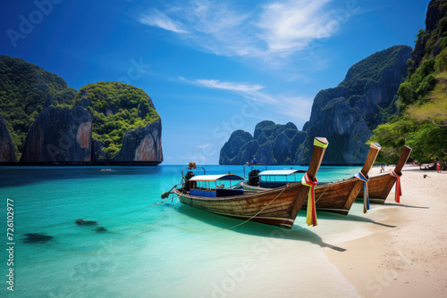 Pristine tropical beach with traditional boats, a serene AI Generative view. © Alisa
