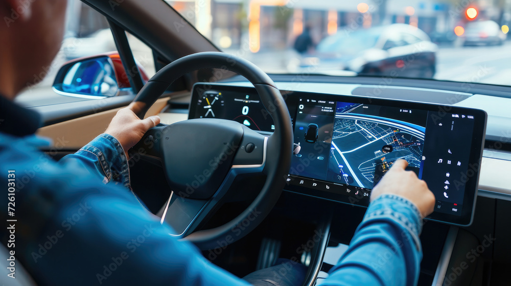 Interior shot from the driver perspective, showing a driver interacting with the high-tech hud hologram dashboard of an electric car