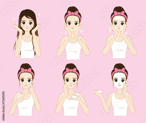 Vector cartoon character of a young girl with various expressions regarding facial skin care in various methods, cute style.