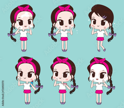 Vector cartoon character of a young girl with various expressions regarding facial skin care in various methods, cute style.