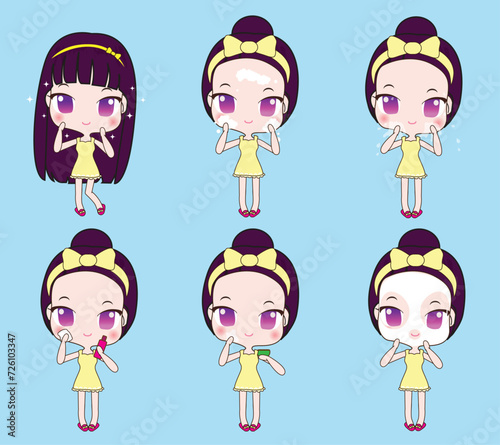Vector cartoon character of a young girl with various expressions regarding facial skin care in various methods, cute style.