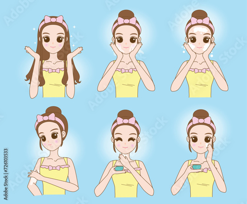 Vector cartoon character of a young girl with various expressions regarding facial skin care in various methods, cute style.