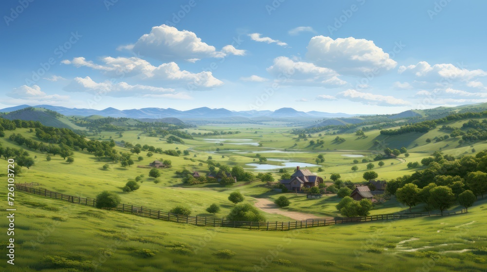 Panoramic view of hill valley outdoor nature. Cloudy blue sky. Landscape field farming land.