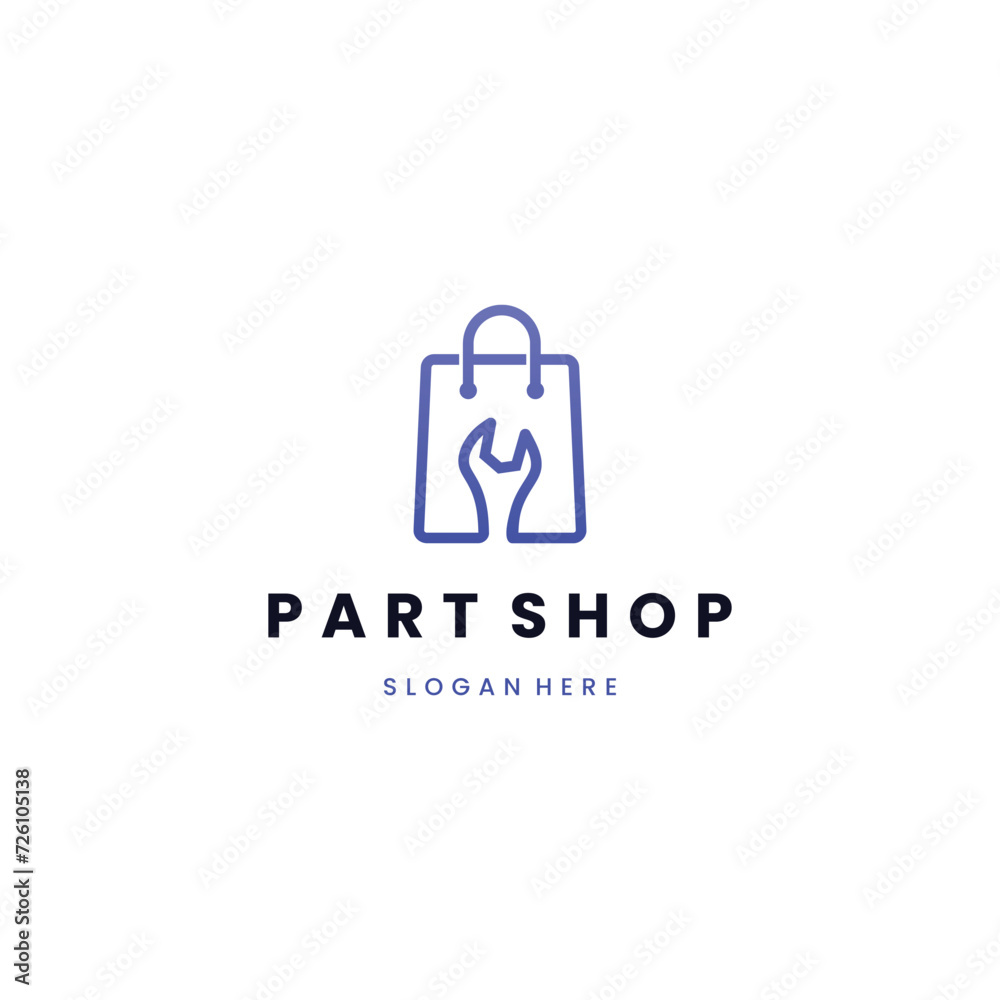 Part shop logo concept, shopping bag with wrench icon template Part shop logo concept, shopping bag with wrench icon template