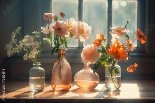 Floral arrangement, still life under sunlight. A picture view of flowering plants in the shimmer of morning light.