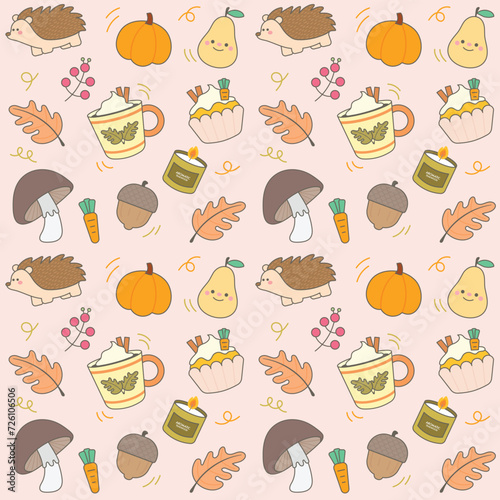 cute colorful vibrant sweet autumn seamless pattern hand drawn with autumn elements, textiles, clothing, wrapping paper, cover, banner, home decor, abstract backgrounds vector illustration