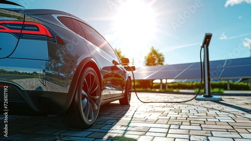 An electric car charging at a station, sleek modern design, bright sunlight reflecting off the car's surface, solar panels in the background under a clear blue sky photo