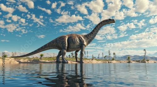 The gentle giant Diplodocus wades through the shallow oasis water ripples forming around its large and powerful body.