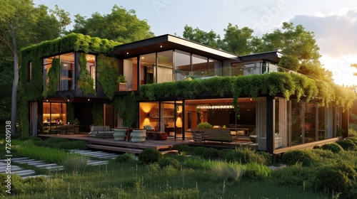 A sustainable home featuring eco-friendly design, modern interior with green living elements, energy-efficient appliances, and smart technology integration