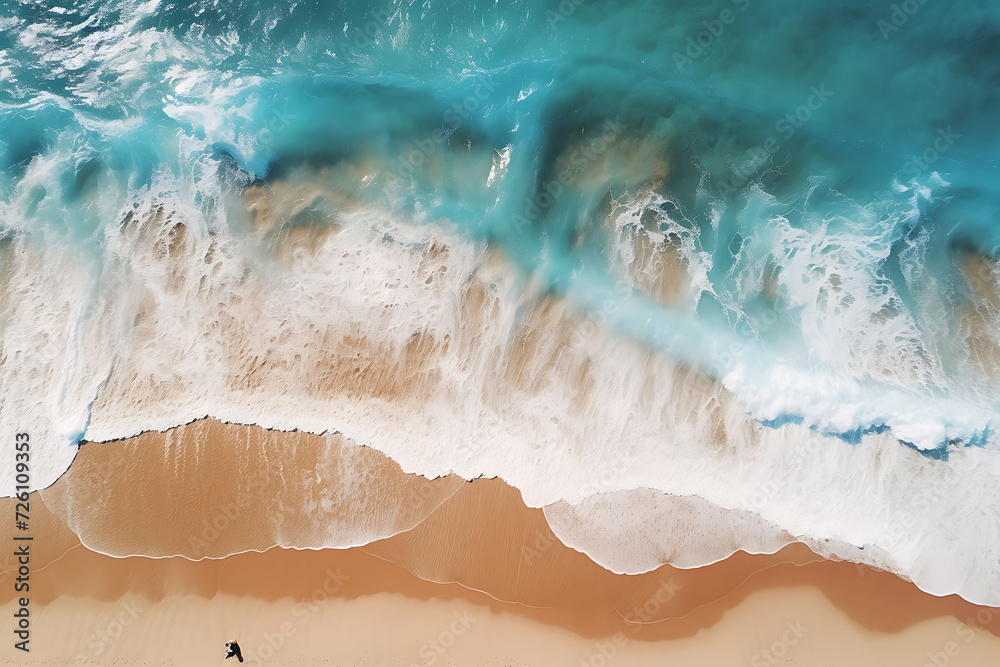 Aerial view of sea waves and sandy empty beach, Ocean Lover's Dream, Nature Escape.