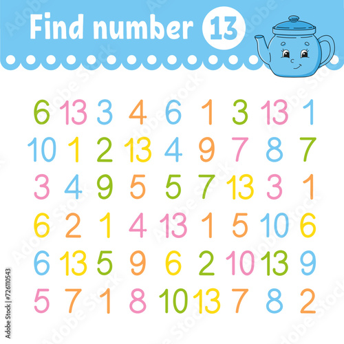 Find number. Education developing worksheet. Activity page with pictures. Game for children. Funny character. cartoon style. Vector illustration.