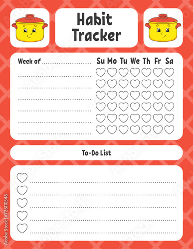 Habit tracker for kids. Sheet template for printing. With cute character. Vector illustration.