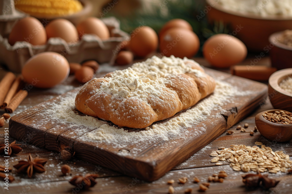 freshly baked artisan bread loaf dusted with flour on a wooden cutting board, surrounded by baking ingredients