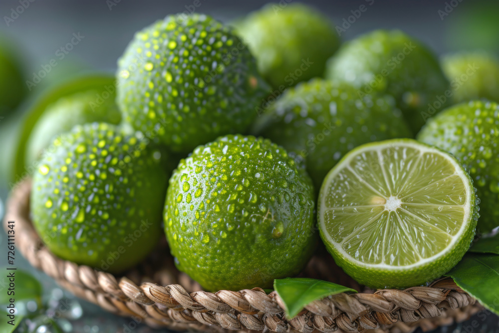 Close-up of fresh limes with water drops on a wicker basket, emphasizing the freshness and zesty flavor Close-up of fresh limes with water drops on a wicker basket, emphasizing the freshness and zesty flavor