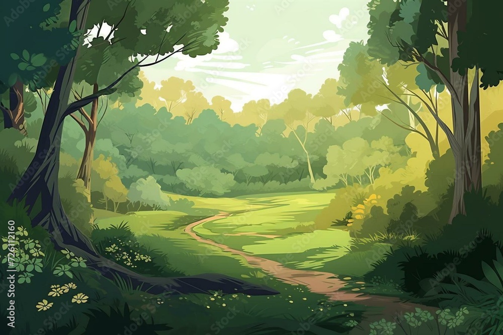 Illustration of lush green forest providing a healthy environment. Generative AI