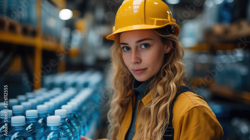 Factory worker inspects water bottles in warehouse at industrial plant Female employee recording data on beverage production line