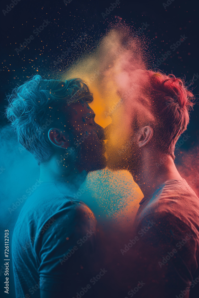Two men kissing in a glitter powder dust explosion.