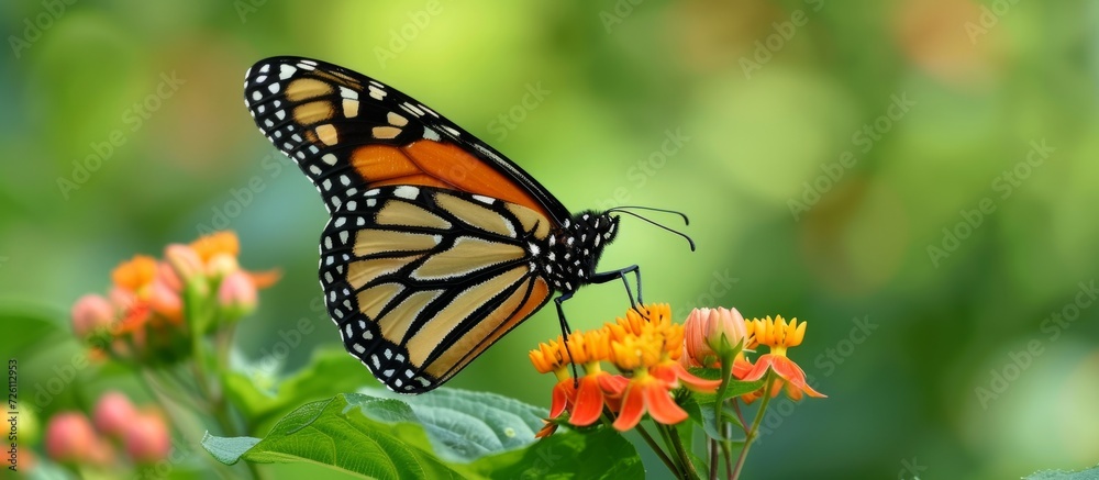 Monarch butterfly, a migrant, lands on a flower in Montreal Botanical Garden. Monarch butterfly, a migrant, lands on a flower in Montreal Botanical Garden.
