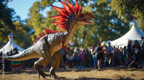 In the center of the gathering a dinosaur with brilliant red feathers on its head performs a dance entertaining the crowd with its colorful display.