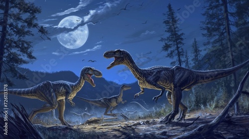 Under the cover of night a pack of Utahraptors work together to take down a large unsuspecting herbi. © Justlight