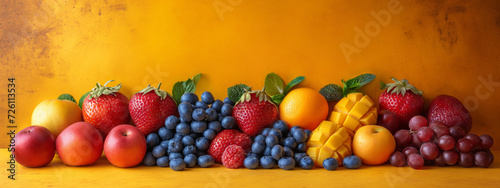 vibrant assortment of fresh fruits, including strawberries, blueberries, lemons, and mango, artfully arranged on a bright yellow background, symbolizing freshness and health