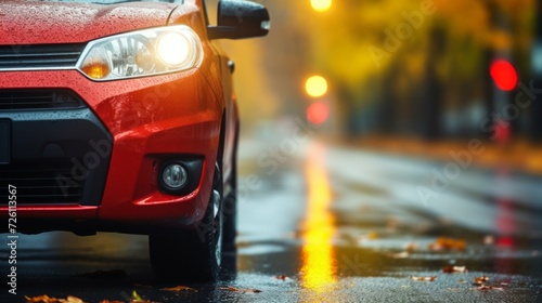 Close-up view of a red car's front headlight and wet surface on a rainy, leaf-strewn street.