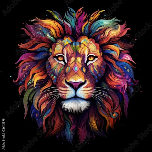 Abstract Multicolored Profile Portrait of a Lion Head on a Black Background. Generative AI