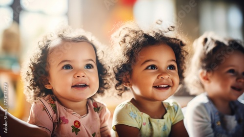 Three joyful toddlers with curly hair playing together, brightly lit with natural sunlight, showcasing childhood innocence.