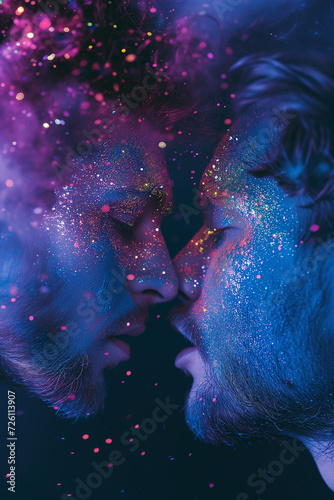 Two men kissing in a glitter powder dust explosion.