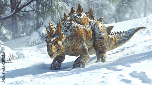 An armored dinosaur with a thick layer of fur and a long spiky tail trudges through the snow leaving deep footprints behind it and leaving no doubt of its formidable presence. © Justlight