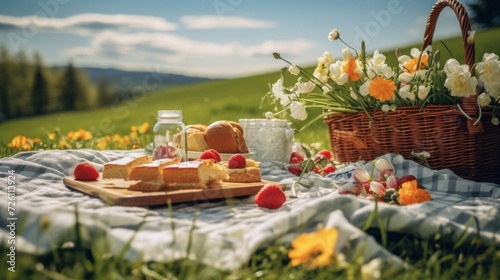Outdoor picnic with a basket full of treats in a sunny meadow, springtime leisure.