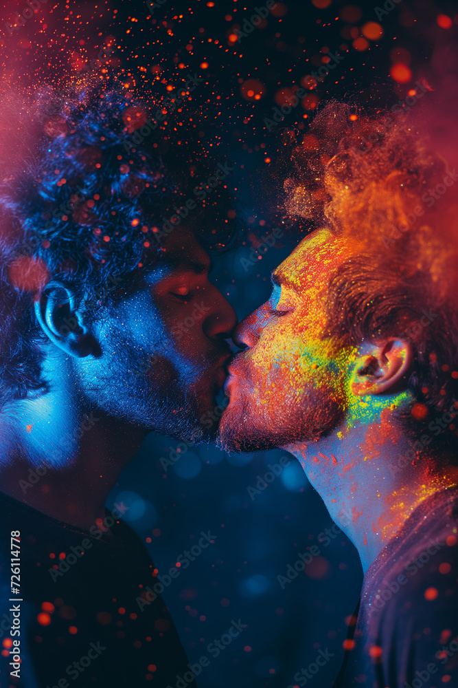 Two men kissing in a glitter powder dust explosion.