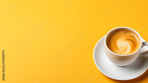 a cup of coffee on a solid yellow background and copy space for add text