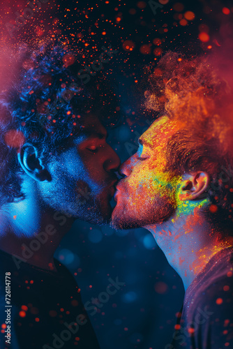 Two men kissing in a glitter powder dust explosion.