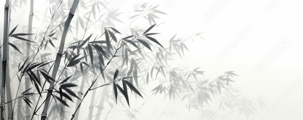bamboo and branches in black and white, in the style of ink-wash landscape bamboo and branches in black and white, in the style of ink-wash landscape