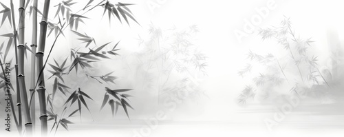 bamboo and branches in black and white, in the style of ink-wash landscape