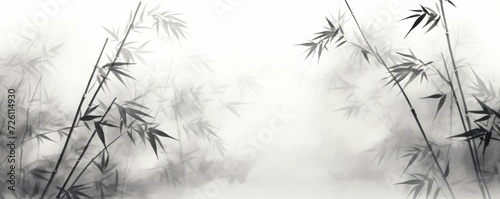 bamboo and branches in black and white  in the style of ink-wash landscape