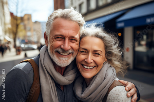 Photo portrait of couple man and woman. About 50-60 years old. Casual clothes. Standing outside in sunny day in the city hugging looking at the camera and smiling. Happiness travelling dating concept.