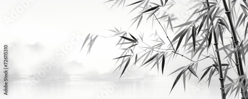 bamboo and branches in black and white  in the style of ink-wash landscape