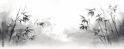bamboo and branches in black and white, in the style of ink-wash landscape photo