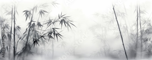 bamboo and branches in black and white  in the style of ink-wash landscape