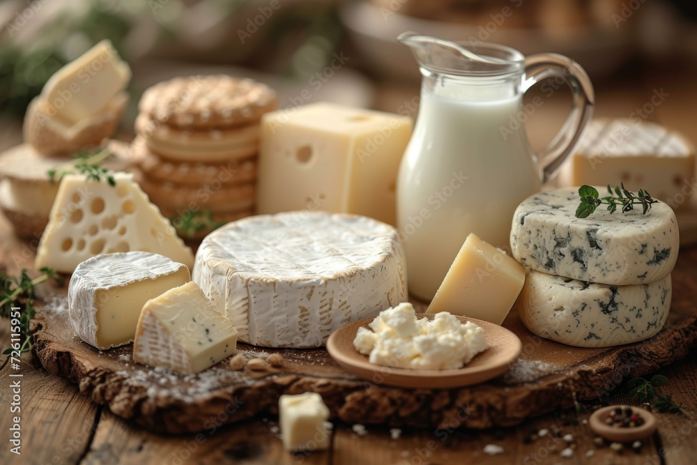 rustic selection of artisanal cheeses paired with fresh milk, depicting the richness of dairy products