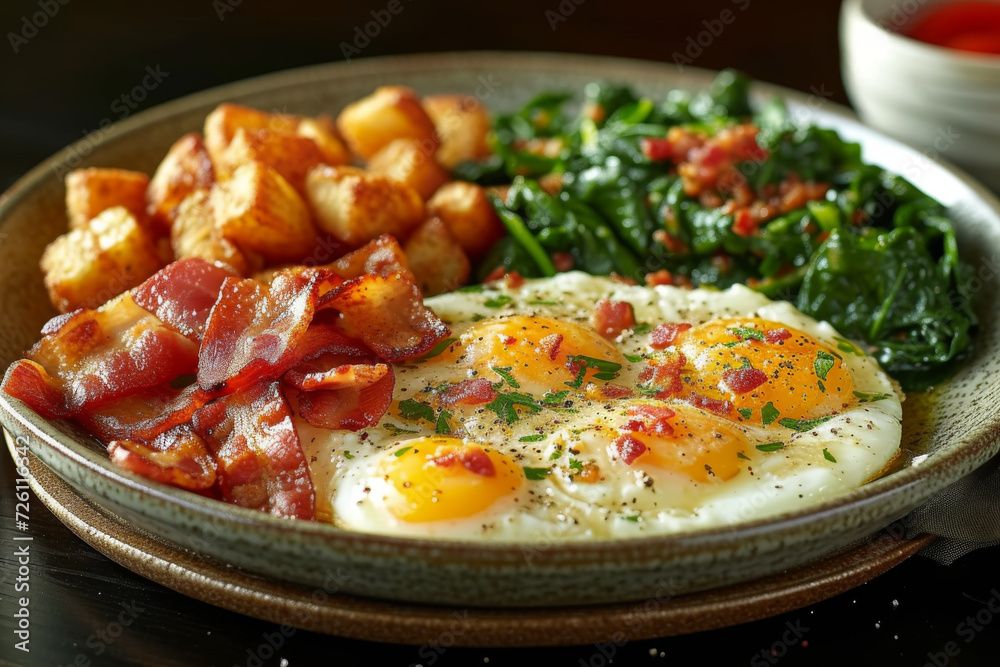 plate of sunny-side-up eggs sprinkled with herbs, crispy bacon strips, and sautéed spinach, accompanied by roasted potatoes. Perfect for a breakfast menu. plate of sunny-side-up eggs sprinkled with herbs, crispy bacon strips, and sautéed spinach, accompanied by roasted potatoes. Perfect for a breakfast menu.