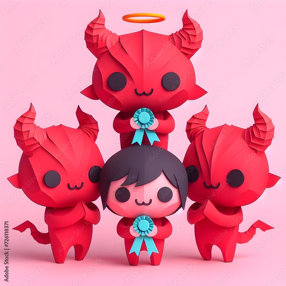 The cute and lovely demons paper art, craft, surrealism, 3D digital art, simple background. Generative AI.